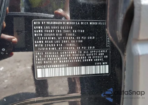 2022 Volkswagen Tiguan 2.0T Se from USA, damaged, VIN 3VV2B7AX8NM086011